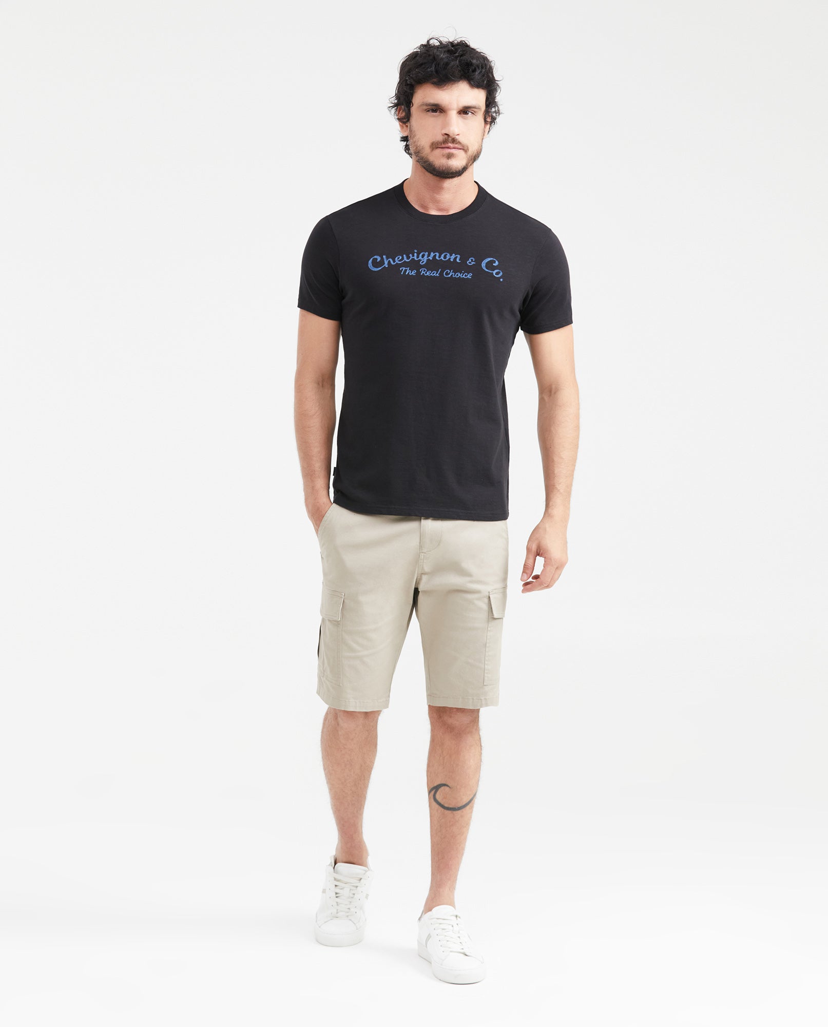 Men's Slim Fit T-Shirt Front Embroidery Ribbed Neck Cotton Stretch - 5