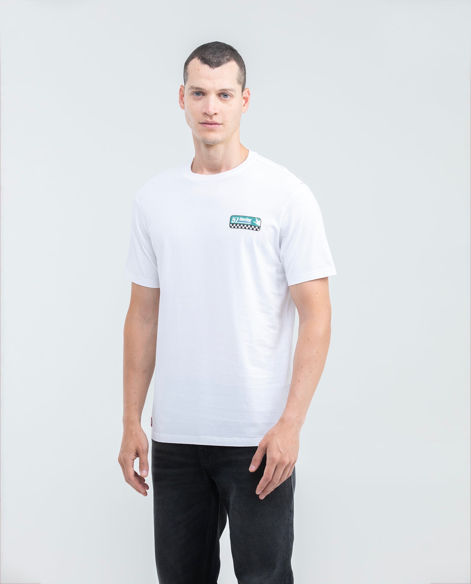 Men's Classic Fit Racing T-Shirt Front-Back Graphics Red Shoulder Details 100% Cotton - 1